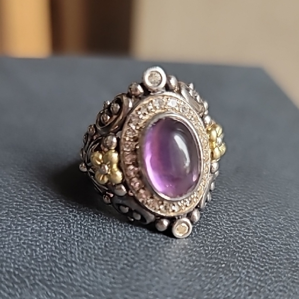Barbara Bixby Oval Amethyst & White Topaz Ring, 925 Silver & 18k Yellow Gold